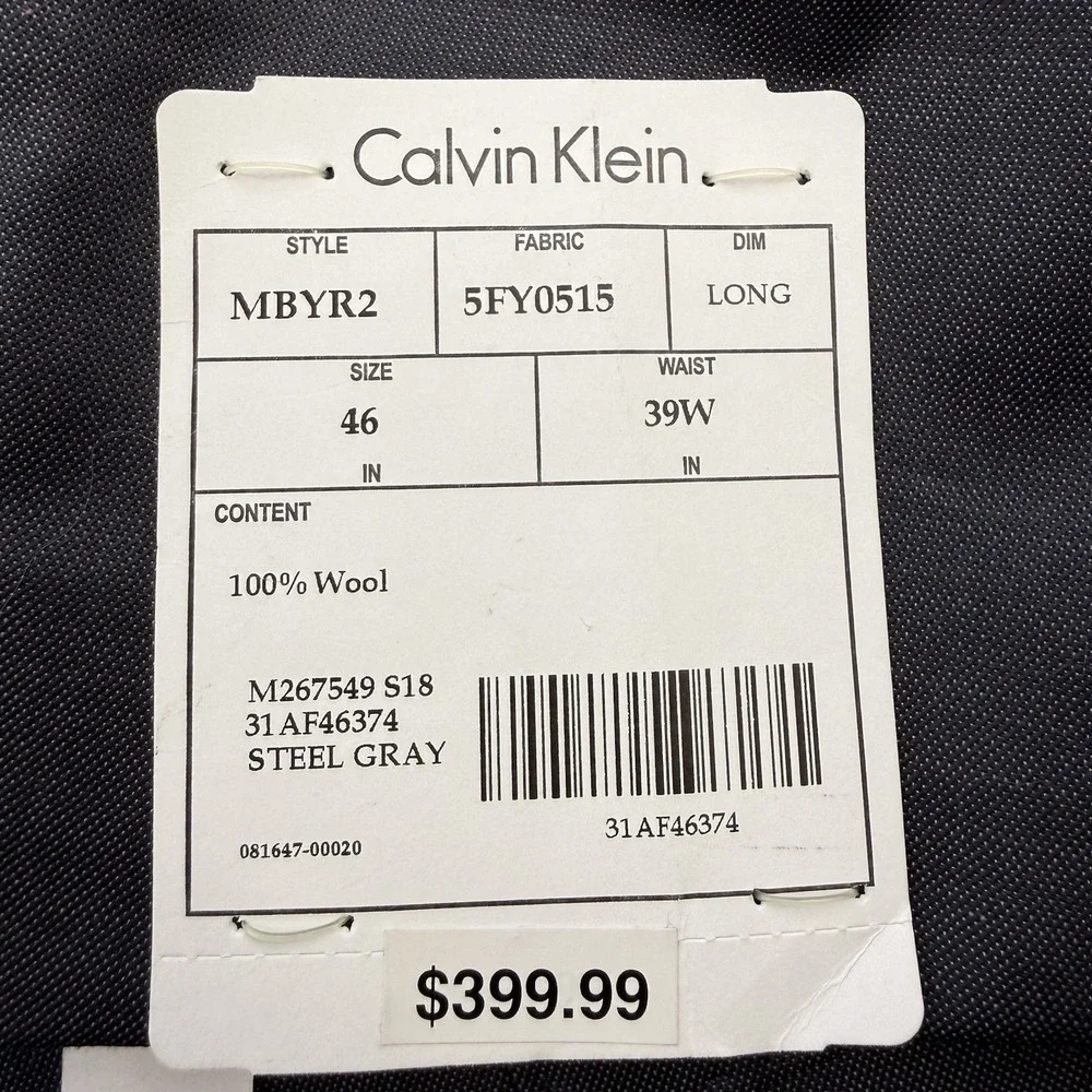 NEW Calvin Klein Men's Slim Fit 100% Wool Suit Jacket‎ Gray Size 48L Long Flaw